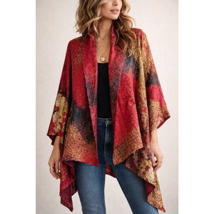 Red Gold Brocade Kimono Jacket Open Front Shawl Cardigan Boho Art Wear OS